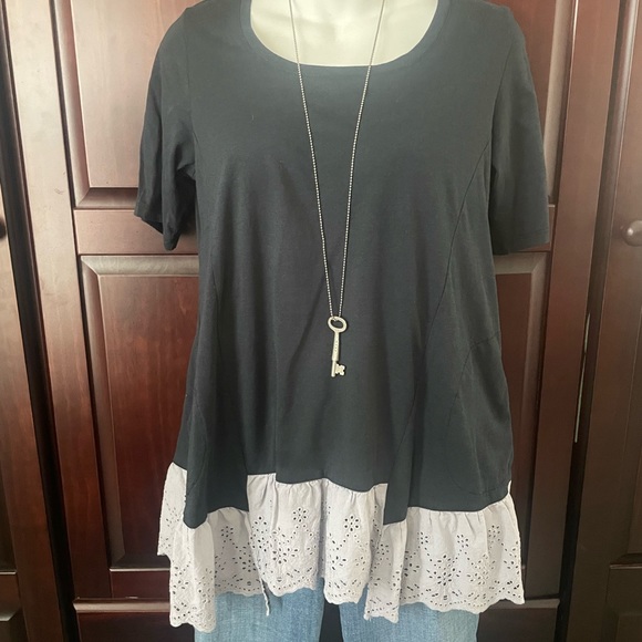 LOGO by Lori Goldstein Cotton Modal Elbow Sleeve Eyelet Hem Top - Picture 5 of 8